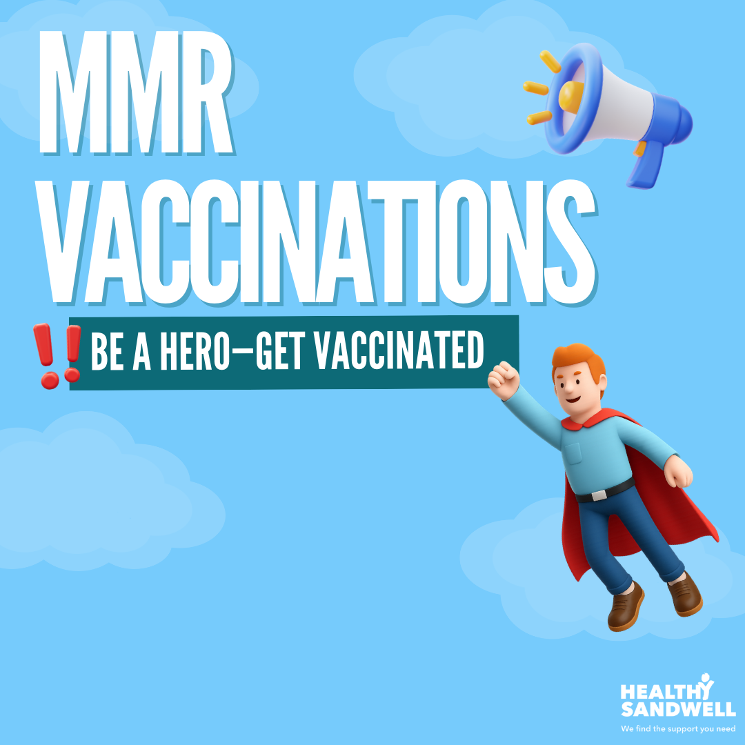 superhero and text saying "mmr vaccinations. be a hero- get vaccinated"