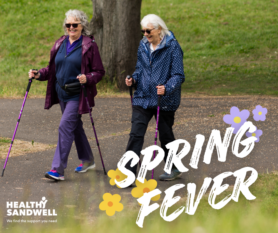 two women walking in a park with the text "spring fever"